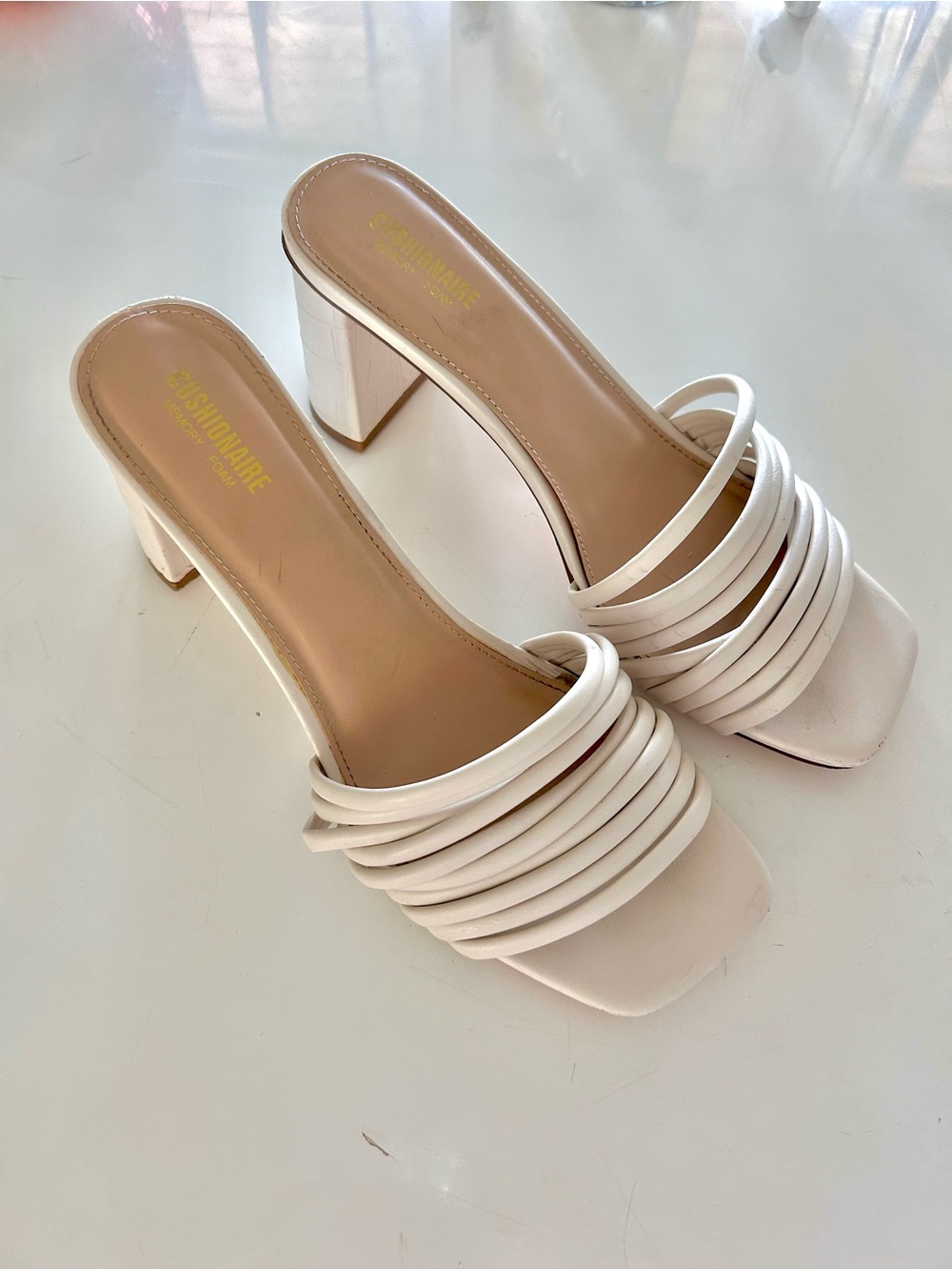 Cushionaire Strappy Block Heel Mules in White